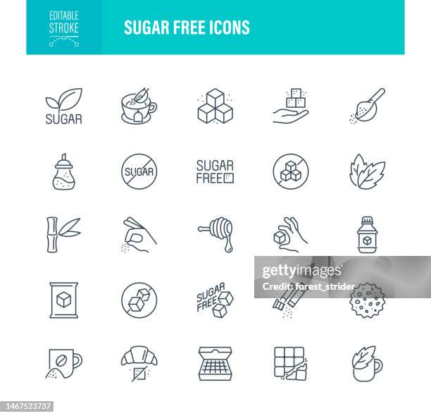 sugar free icons editable stroke. contains such icons as sugar - food, cube shape, glucose, chocolate - stevia to sugar stock illustrations