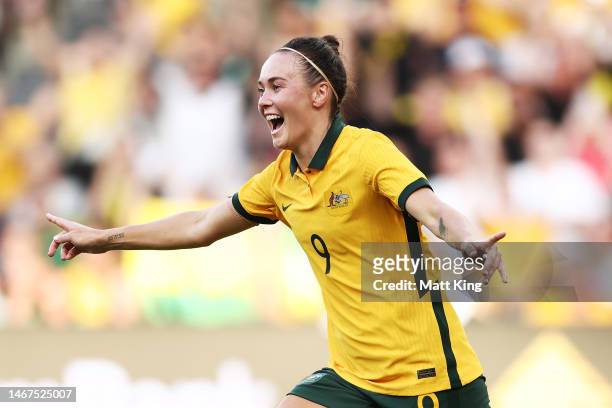 Caitlin Foord of Australia celebrates scoring a goal during the 2023 Cup of Nations Match between Australian Matildas and Spain at CommBank Stadium...