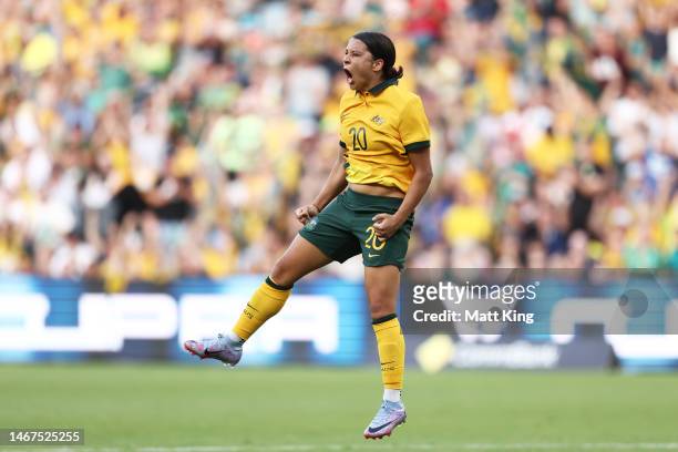 Sam Kerr of Australia celebrates scoring a goal that was later ruled offside during the 2023 Cup of Nations Match between Australian Matildas and...
