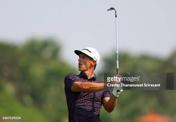 Thorbjorn Olesen of Denmark plays their second shot on the 10th hole during Day Four of the Thailand Classic at Amata Spring Country Club on February...