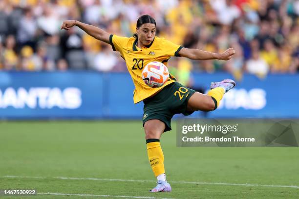 Sam Kerr of Australia shoots during the 2023 Cup of Nations Match between Australian Matildas and Spain at CommBank Stadium on February 19, 2023 in...