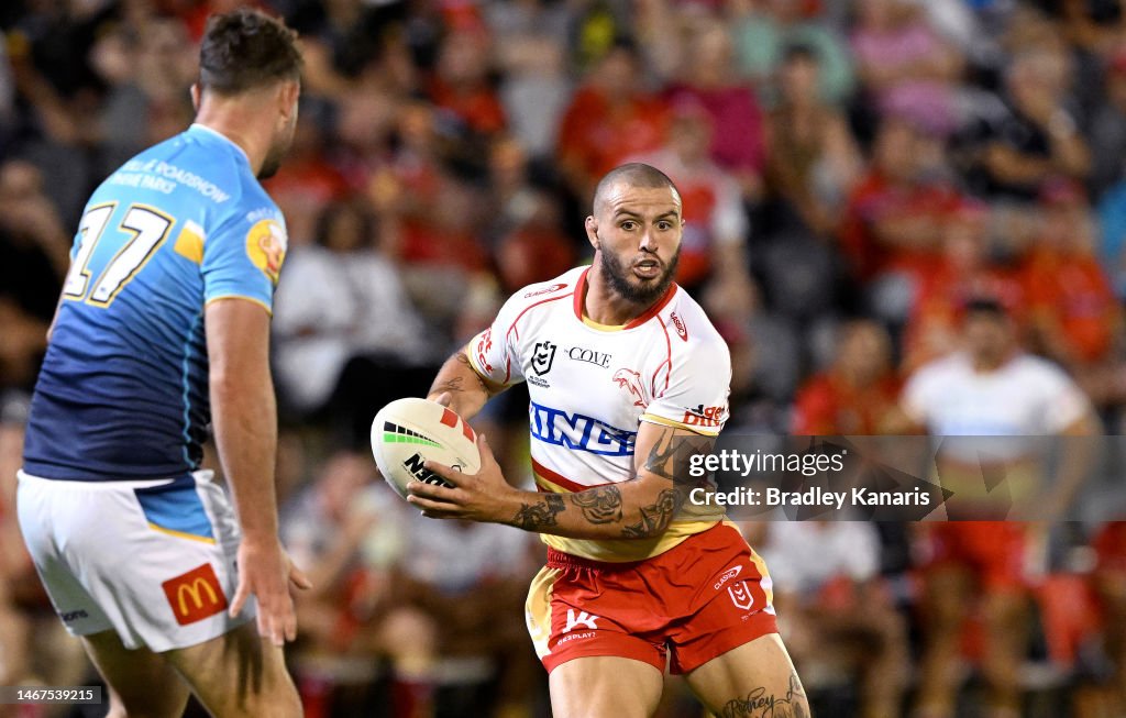 Ray Stone Ray Stone of the Dolphins runs with the ball during the NRL Trial ...
