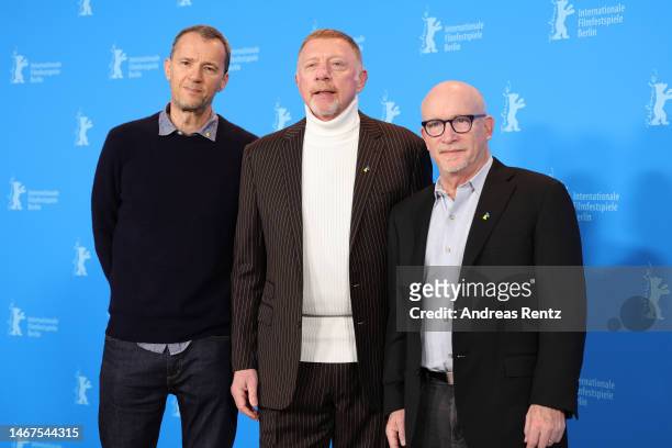 John Battsek, Boris Becker and Alex Gibney pose at the "Boom! Boom! The World vs. Boris Becker" photocall during the 73rd Berlinale International...