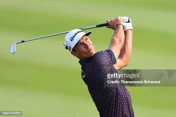 Thorbjorn Olesen of Denmark plays their second shot on the 16th hole during Day Four of the Thailand Classic at Amata Spring Country Club on February...