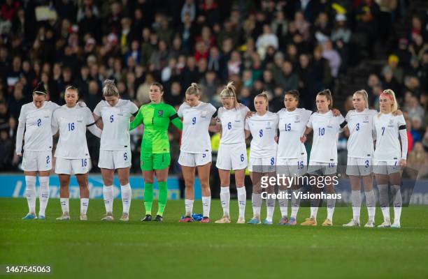 England players line up to observe a minute's silence following the earthquake in Syria and Turkey prior to the Arnold Clark Cup match between...