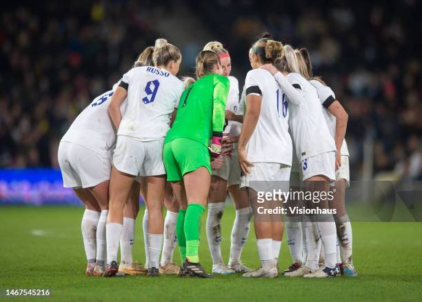 England players form a team huddle before the second half of the Arnold Clark Cup match between England and Korea Republic at Stadium mk on February...