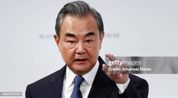 Chinese foreign affairs Minister Wang Yi speaks during the 2023 Munich Security Conference on February 18, 2023 in Munich, Germany. The Munich...