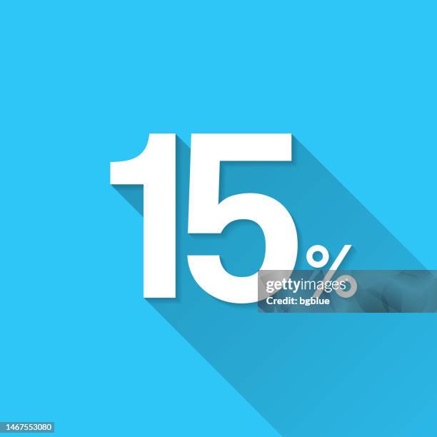 15% - fifteen percent. icon on blue background - flat design with long shadow - long shadow stock illustrations