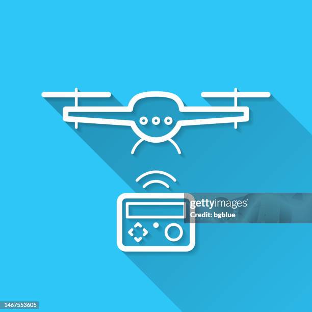 flying drone with remote control. icon on blue background - flat design with long shadow - remote control helicopter stock illustrations