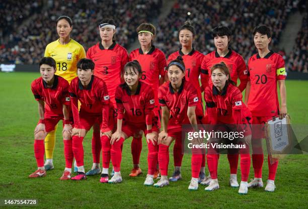 Korea Republic players, back row l-r, Kim Jung-Mi, Hong Hye-Ji, Lim Seon-Joo, Choe Yu-Ri, Lee Geum-Min, Kim Hye-Ri, front row l-r, Kim Jun-Ji, Son...