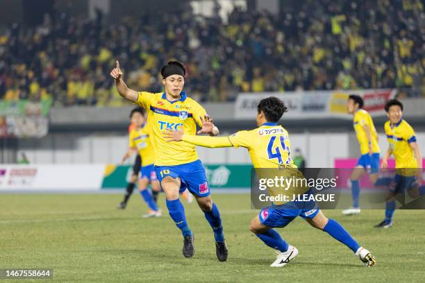 Toshiki MORI of Tochigi SC scores his side's first goal during the J.LEAGUE Meiji Yasuda J2 1st Sec. Match between Tochigi SC and Roasso Kumamoto at...