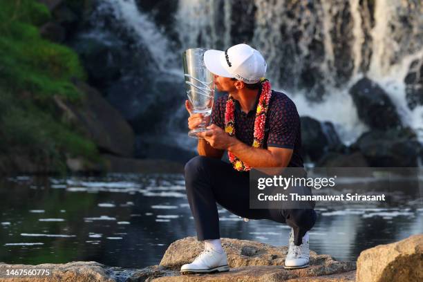 Thorbjorn Olesen of Denmark poses with the Thailand Classic Trophy after winning the Thailand Classic at Amata Spring Country Club on February 19,...