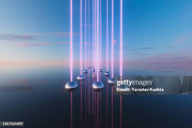 lights emerging  5g connected to the 5g network illuminated in the stunning landscape  cgi -stock photo - abstract 3d network in future stock-fotos und bilder