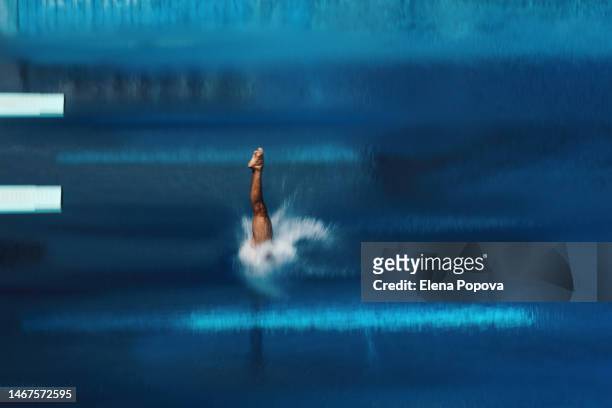 unknown amateur sportsman diving into water outdoor in swimming pool - diver stockfoto's en -beelden