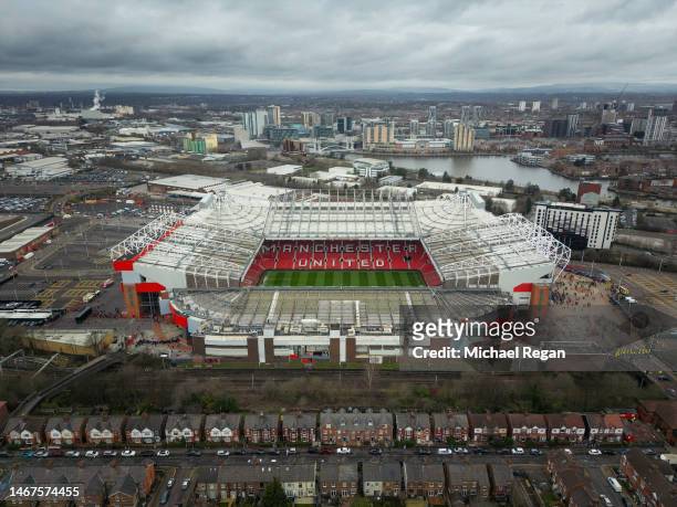 An aerial view of Old Trafford before the Premier League match between Manchester United and Leicester City at Old Trafford on February 19, 2023 in...