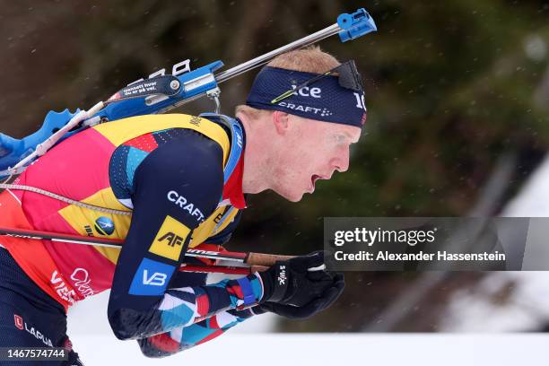 Johannes Thingnes Boe of Norway competes during the Men 15 km Mass Start at the IBU World Championships Biathlon Oberhof on February 19, 2023 in...