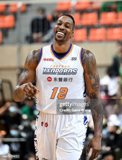 Center Dwight Howard of the Taoyuan Leopards reacts at the court during the T1 League game between TaiwanBeer HeroBears and Taoyuan Leopards at...