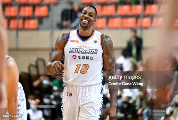 Center Dwight Howard of the Taoyuan Leopards reacts at the court during the T1 League game between TaiwanBeer HeroBears and Taoyuan Leopards at...