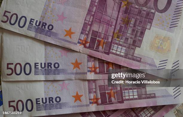 In this photo illustration five hundred euros banknotes are on display on February 19 in Lisbon, Portugal. According to the Bank of Portugal it is...