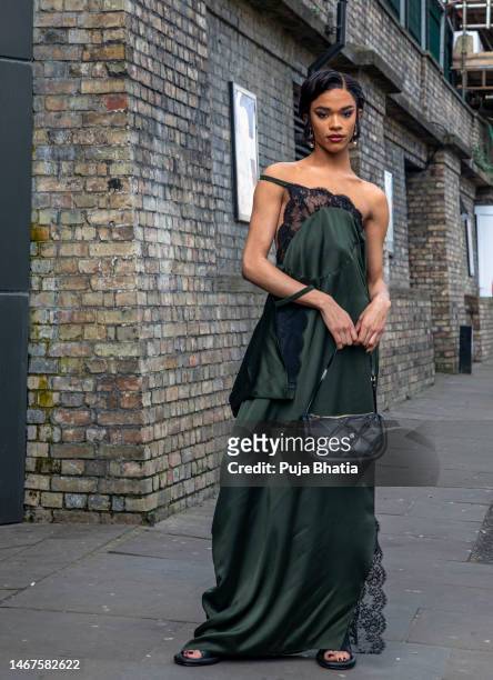 Yasmin Finney seen outside JW Anderson during London Fashion Week February 2023 on February 19, 2023 in London, England.