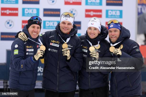 Gold medalists Quentin Fillon Maillet of France, Emilien Jacquelin of France, Fabien Claude of France and Antonin Guigonnat of France pose for a...