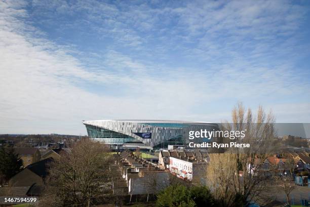 An aerial view of Tottenham Hotspur Stadium prior to the Premier League match between Tottenham Hotspur and West Ham United at Tottenham Hotspur...