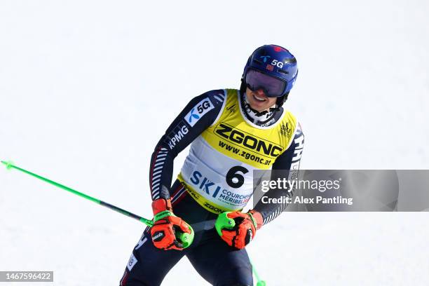 Henrik Kristoffersen of Norway celebrates following their second run of Men's Slalom at the FIS Alpine World Ski Championships on February 19, 2023...