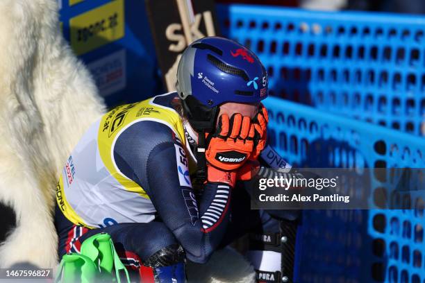 Henrik Kristoffersen of Norway reacts from the leader's chair after their second run of Men's Slalom at the FIS Alpine World Ski Championships on...