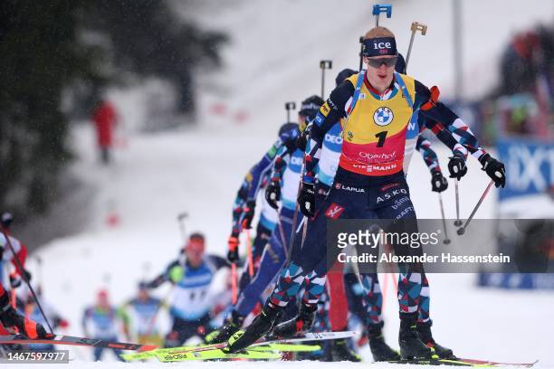 Johannes Thingnes Boe of Norway leads the group during the Men 15 km Mass Start at the IBU World Championships Biathlon Oberhof on February 19, 2023...