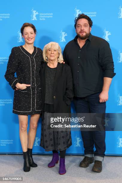 Vicky Krieps, director and screenwriter Margarethe von Trotta and Ronald Zehrfeld attend the "Ingeborg Bachmann - Reise in die Wüste" photocall...