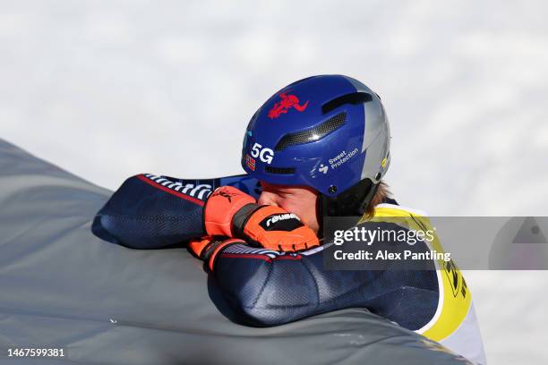 Henrik Kristoffersen of Norway reacts after the second run of Men's Slalom at the FIS Alpine World Ski Championships on February 19, 2023 in...
