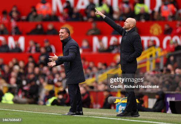 Brendan Rogers, Manager of Leicester City, and Erik ten Hag, Manager of Manchester United, react during the Premier League match between Manchester...