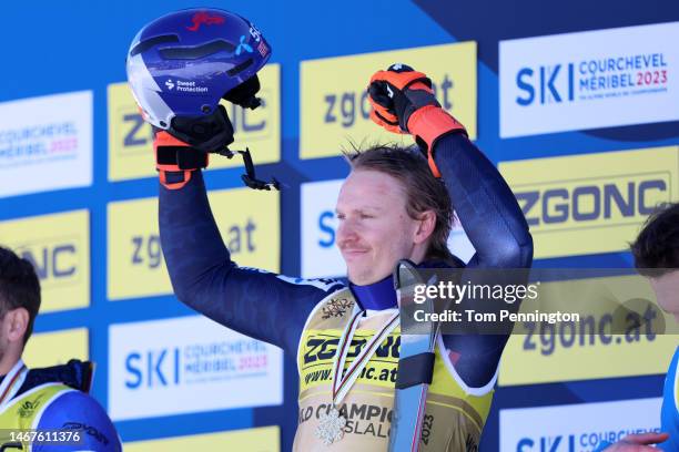 Gold medalist Henrik Kristoffersen of Norway celebrates during the victory ceremony for Men's Slalom at the FIS Alpine World Ski Championships on...