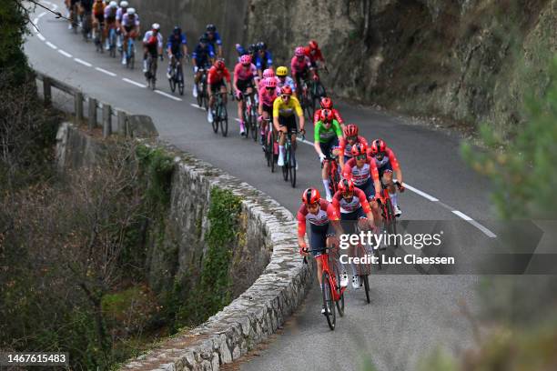 General view of Julien Bernard of France, Mattias Skjelmose of Denmark and Team Trek – Segafredo - Green Sprint Jersey, Kévin Vauquelin of France and...