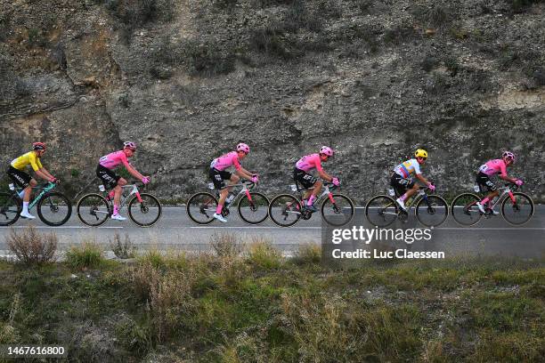 Kévin Vauquelin of France and Team Arkéa – Samsic - Yellow Leader Jersey, Hugh Carthy of The United Kingdom, Neilson Powless of The United States,...