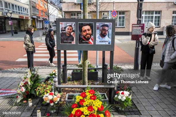 People stand at a crime scene of the 2020 mass shooting on February 19, 2023 in Hanau, Germany. On February 19, 2020 Tobias Rathjen shot dead nine...