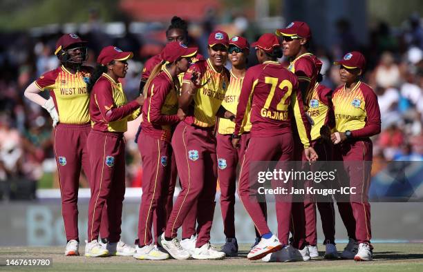 Hayley Matthews of West Indies celebrates the wicket of Sidra Amin of Pakistan during the ICC Women's T20 World Cup group B match between Pakistan...