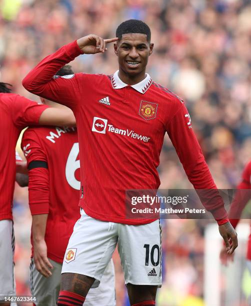 Marcus Rashford of Manchester United celebrates scoring their second goal during the Premier League match between Manchester United and Leicester...