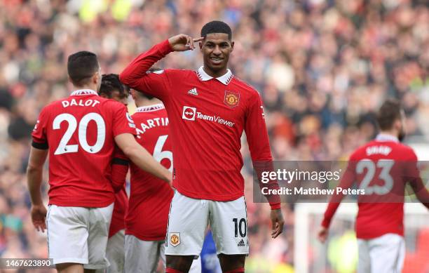 Marcus Rashford of Manchester United celebrates scoring their second goal during the Premier League match between Manchester United and Leicester...