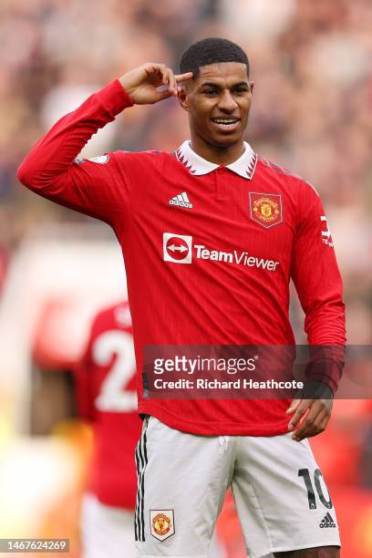 Marcus Rashford of Manchester United celebrates after scoring the team's second goal during the Premier League match between Manchester United and...