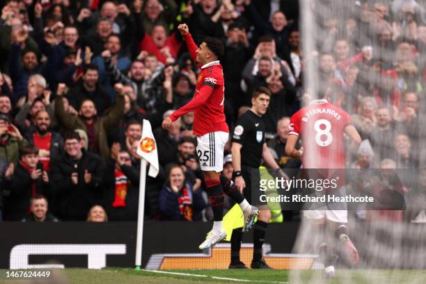 Jadon Sancho of Manchester United celebrates after scoring the team's third goal during the Premier League match between Manchester United and...