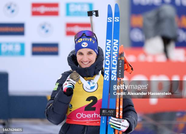 Bronze medalist Julia Simon of France poses for a photo during the medal ceremony for the Women 12.5 km Mass Start at the IBU World Championships...