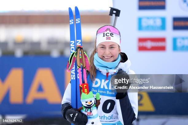 Silver medalist Ingrid Landmark Tandrevold of Norway poses for a photo during the medal ceremony for the Women 12.5 km Mass Start at the IBU World...