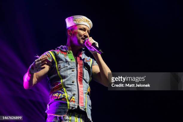February 19: Robin Pors of the Vengaboys performs during their 25th Anniversary Tour at Metro City on February 19, 2023 in Perth, Australia.