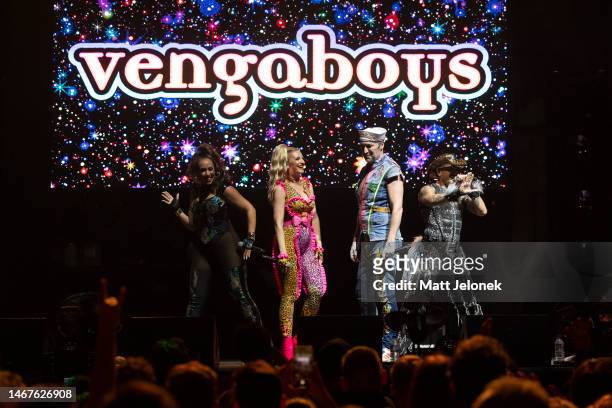 February 19: Donny Latupeirissa, Denise Post-Van Rijswijk, Kim Sasabone & Robin Pors of the Vengaboys perform during their 25th Anniversary Tour at...