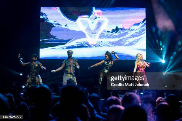 February 19: The Vengaboys perform during their 25th Anniversary Tour at Metro City on February 19, 2023 in Perth, Australia.