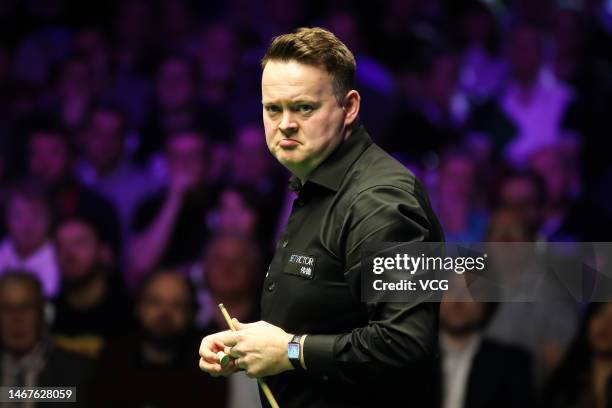 Shaun Murphy of England reacts in the final match against Robert Milkins of England on day seven of 2023 Betvictor Welsh Open at Venue Cymru on...