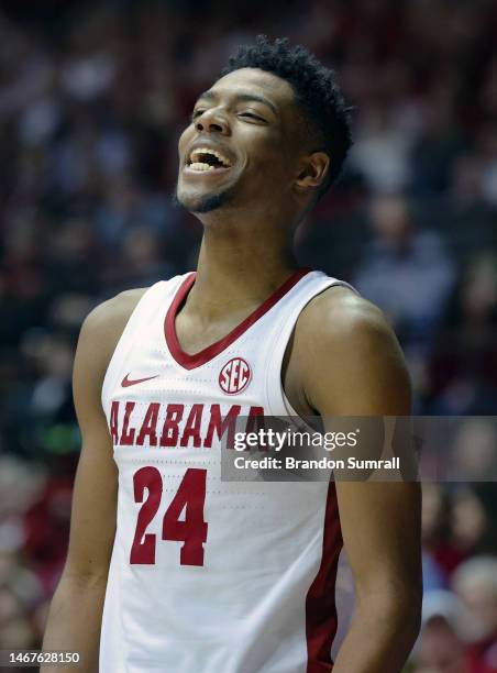 Brandon Miller of the Alabama Crimson Tide is all smiles during the second half against the Georgia Bulldogs at Coleman Coliseum on February 18, 2023...