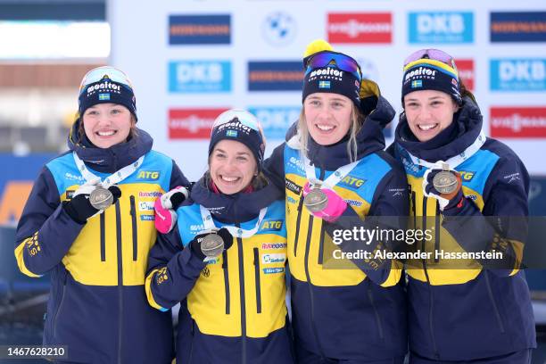 Bronze medalists Linn Persson of Sweden, Anna Magnusson of Sweden, Elvira Oeberg of Sweden and Hanna Oeberg of Sweden pose for a photo during the...