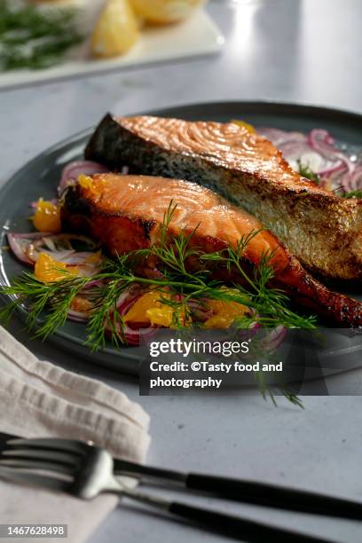 salmon fish for dinner - salmon steak stock pictures, royalty-free photos & images